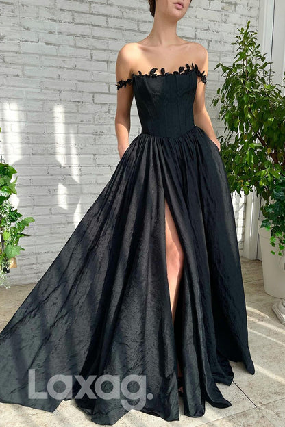 18740 - Off Shoulder Black Lace Prom Formal Evening Dress with Pockets|LAXAG