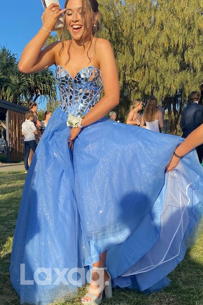 18744 - Sweetheart Beads Blue Tulle Long Prom Ball Gown|LAXAG
