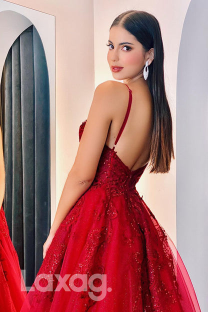 18753 - Spaghetti Straps Lace Applique Red Formal Evening Dress|LAXAG