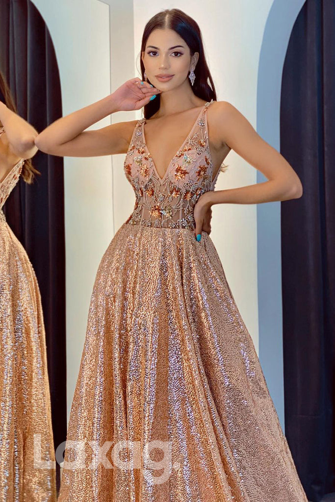 18754 - Attractive V-Neck Applique Long Formal Evening Dress Glitter |LAXAG