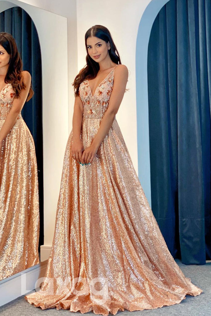 18754 - Attractive V-Neck Applique Long Formal Evening Dress Glitter |LAXAG
