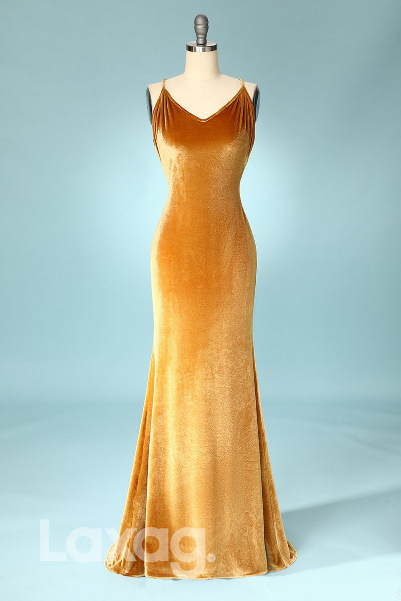 18757 - Women's Spaghetti Straps Velvet Long Formal Evening Dress Backless|LAXAG