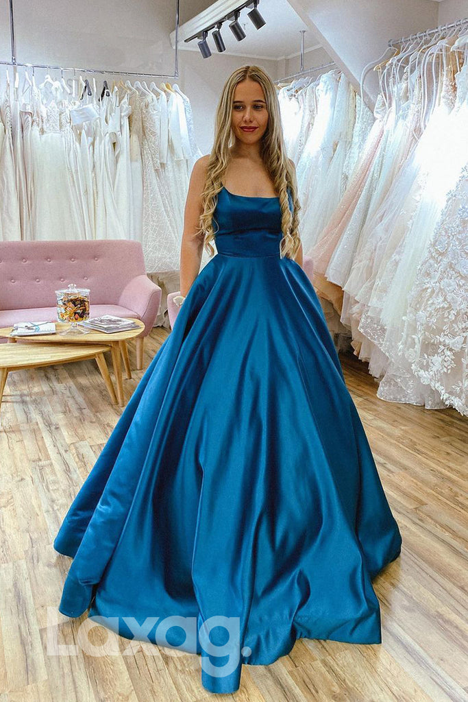 18786 - Women's Scoop Blue Satin Long Simple Prom Dresses with Pockets|LAXAG