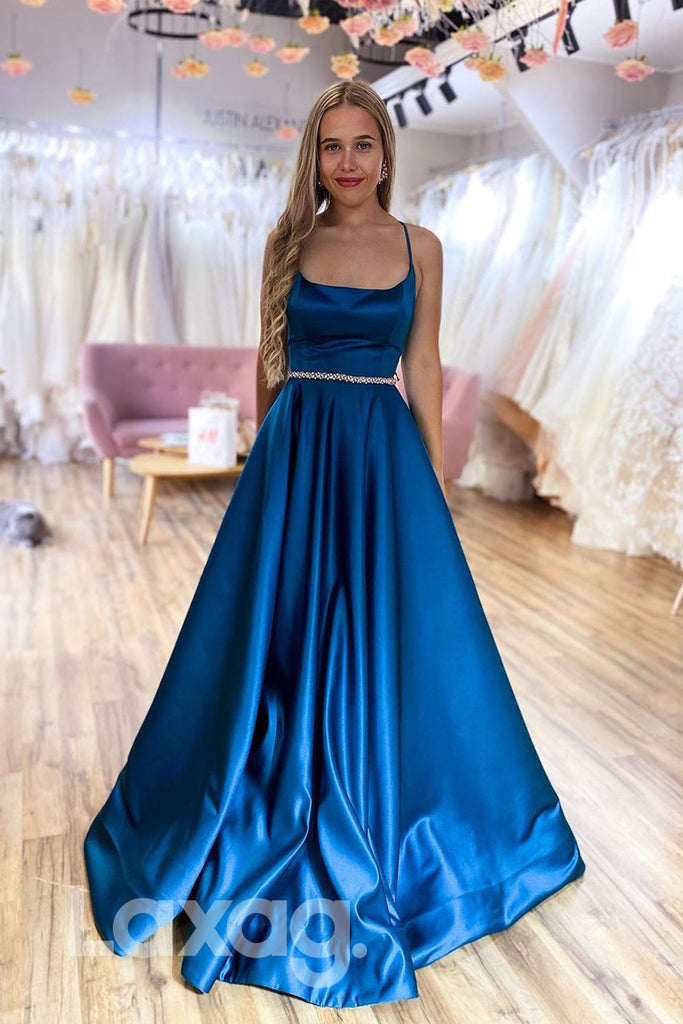 18786 - Women's Scoop Blue Satin Long Simple Prom Dresses with Pockets|LAXAG