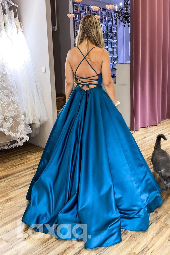 18786 - Women's Scoop Blue Satin Long Simple Prom Dresses with Pockets|LAXAG