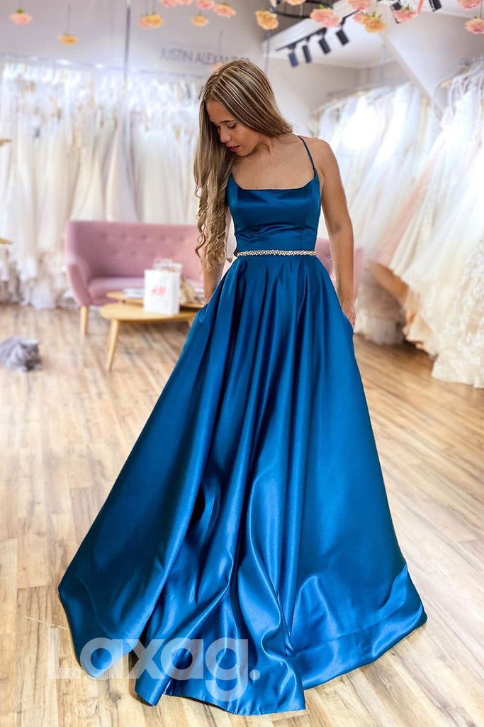18786 - Women's Scoop Blue Satin Long Simple Prom Dresses with Pockets|LAXAG