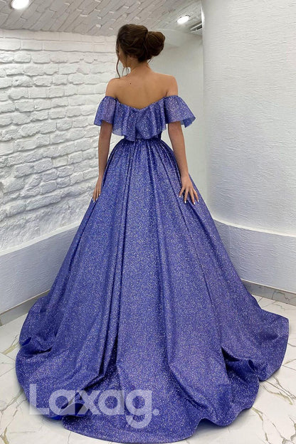 18792 - Off Shoulder Ball Gown Belt Long Prom Dresses Glitter|LAXAG
