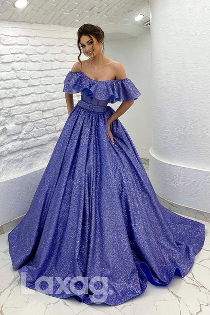 18792 - Off Shoulder Ball Gown Belt Long Prom Dresses Glitter|LAXAG