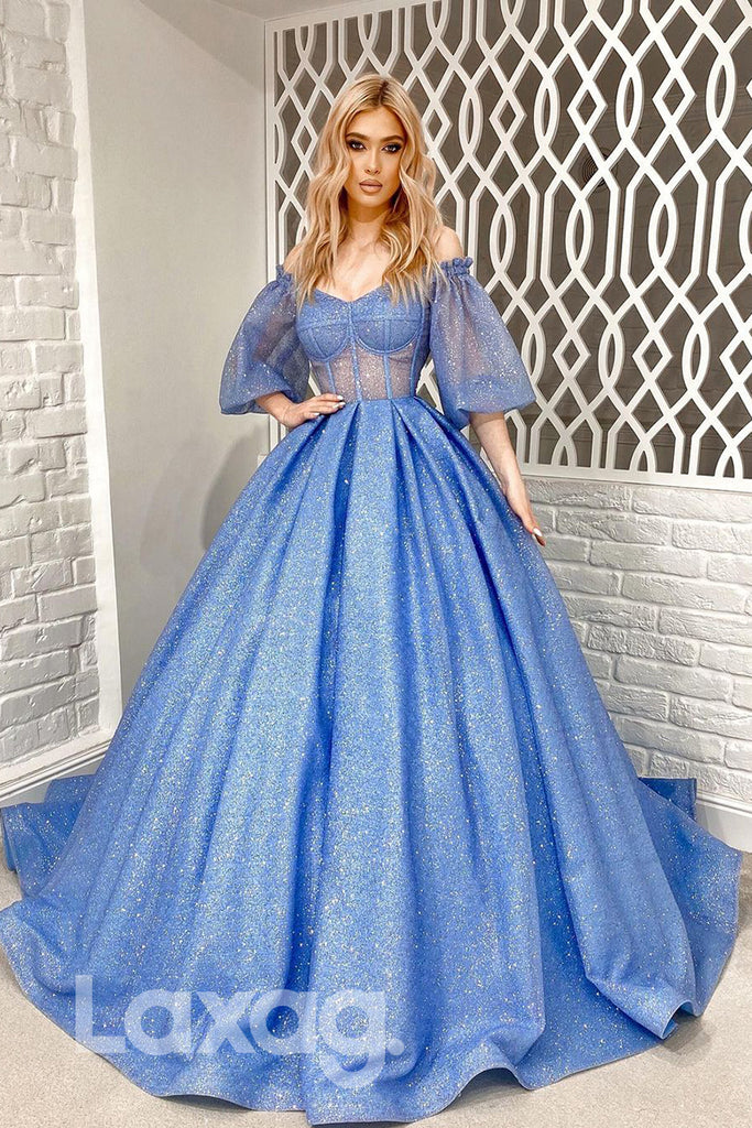 18795 - Off Shoulder Ball Gown Half Sleeves Sparkly Prom Dresses with Pockets|laxag