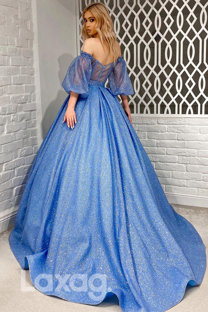 18795 - Off Shoulder Ball Gown Half Sleeves Sparkly Prom Dresses with Pockets|laxag