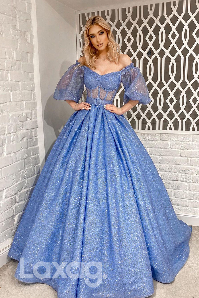 18795 - Off Shoulder Ball Gown Half Sleeves Sparkly Prom Dresses with Pockets|laxag