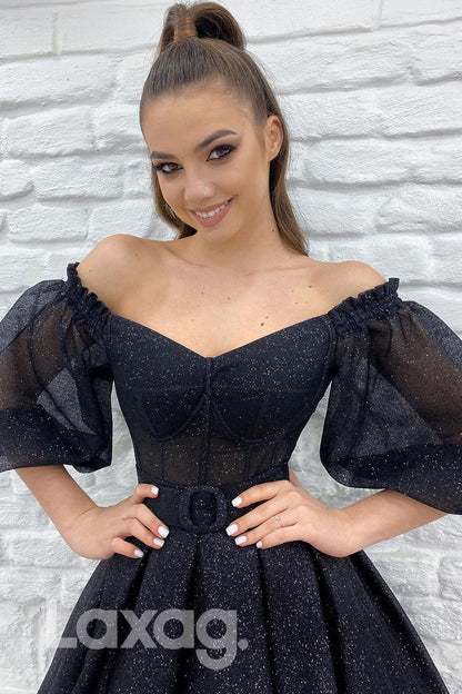18796 - Off Shoulder Half Sleeves Black Sparkly Prom Dresses with Pockets|LAXAG