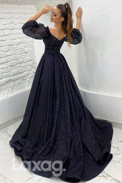 18796 - Off Shoulder Half Sleeves Black Sparkly Prom Dresses with Pockets|LAXAG