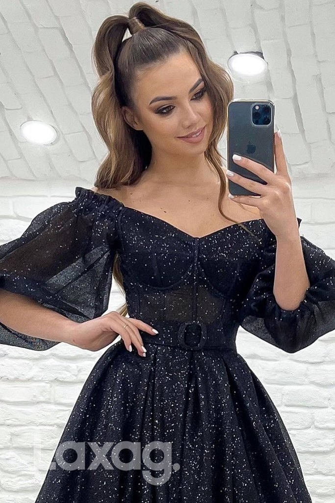 18796 - Off Shoulder Half Sleeves Black Sparkly Prom Dresses with Pockets|LAXAG
