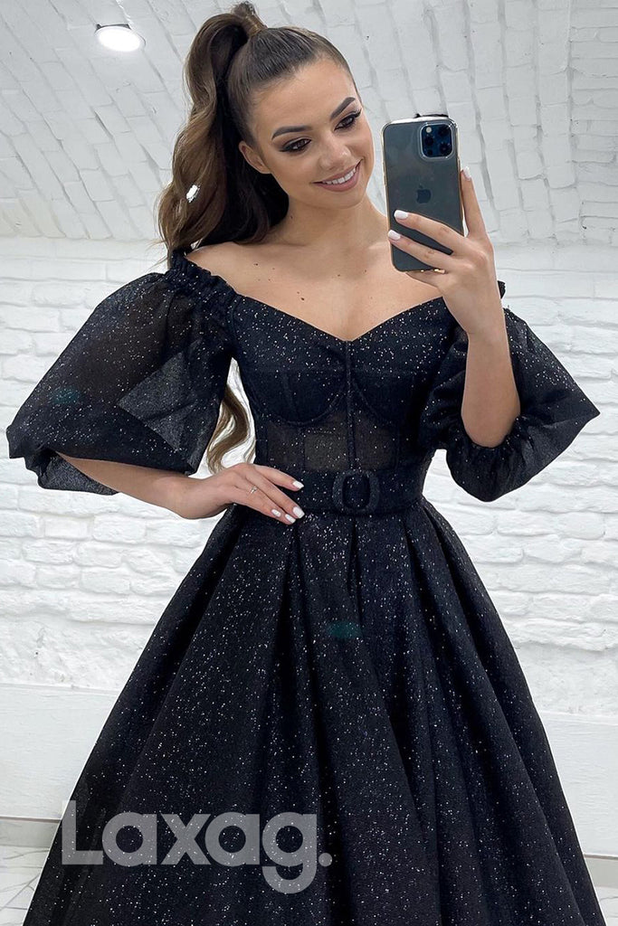 18796 - Off Shoulder Half Sleeves Black Sparkly Prom Dresses with Pockets|LAXAG
