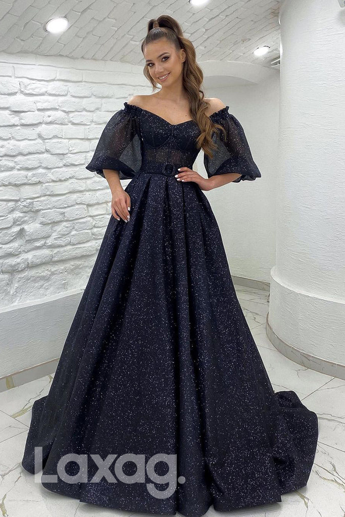 18796 - Off Shoulder Half Sleeves Black Sparkly Prom Dresses with Pockets|LAXAG