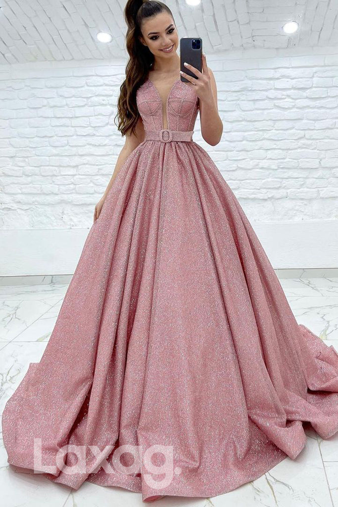 18797 - Plunging Deep V-neck Pink Sparkly Prom Dresses with Pockets|LAXAG