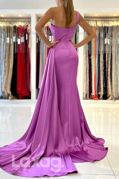 18798 - Chic One Shoulder Purple Satin Pleats Mermaid Formal Evening Dresses|LAXAG