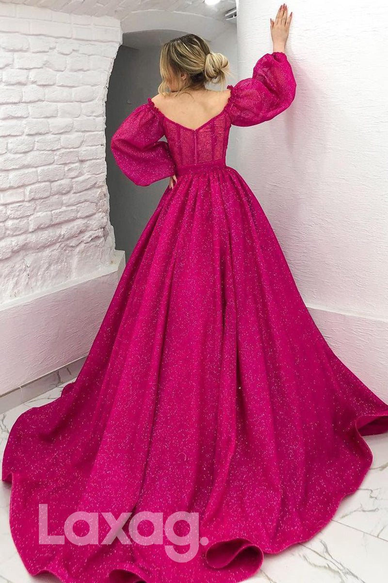 18799 - Off Shoulder Long Sleeves Sparkly Prom Dresses with Pockets|LAXAG