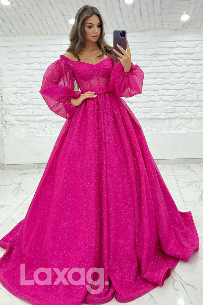 18799 - Off Shoulder Long Sleeves Sparkly Prom Dresses with Pockets|LAXAG