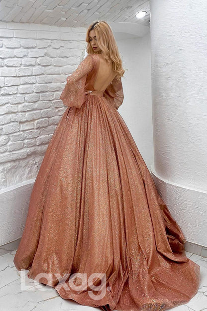 19703 - Deep V-Neck Long Sleeves Prom Ball Gown Long Formal Evening Dress|LAXAG