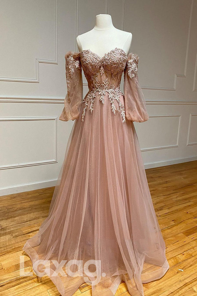 19705 - A-line Sweetheart Lace Appliques Long Sleeves Prom Dresses|LAXAG