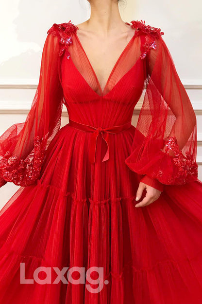 16746 - Plunging V-neck Long Sleeves Red Formal Dress|LAXAG