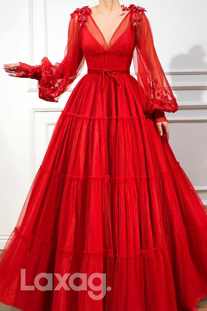 16746 - Plunging V-neck Long Sleeves Red Formal Dress|LAXAG