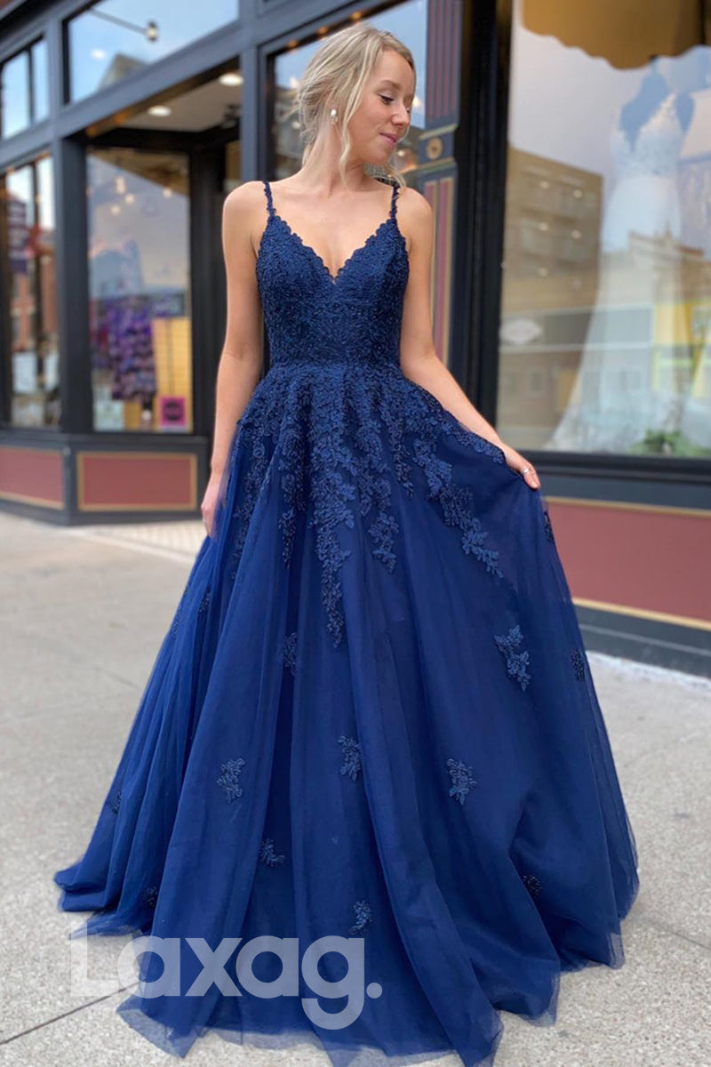 16757 - Plunging V-neck Navy Tulle Appliques Prom Dress|LAXAG