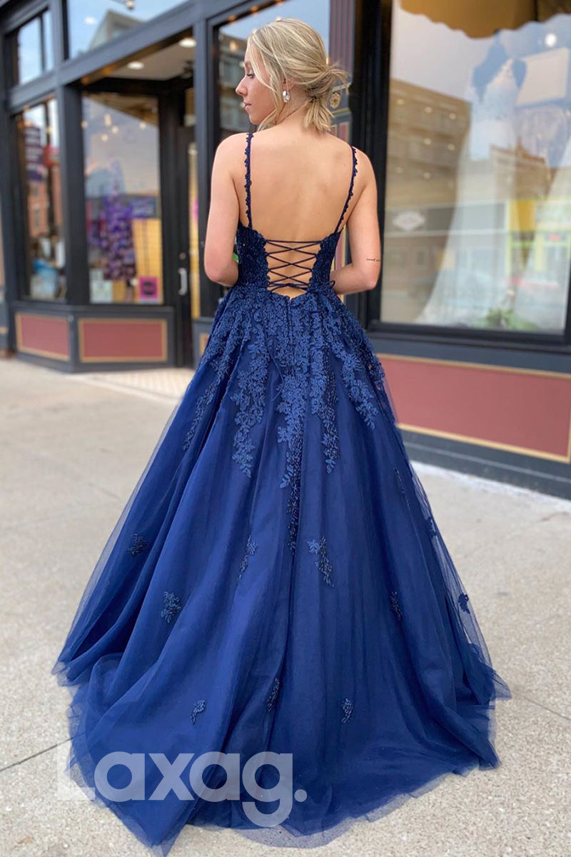 16757 - Plunging V-neck Navy Tulle Appliques Prom Dress|LAXAG