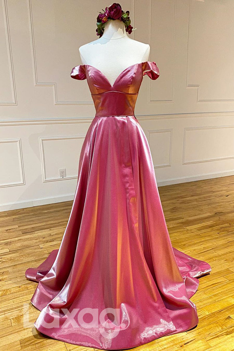 16758 - Off Shoulder Pink Senior Prom Dress with Slit|LAXAG