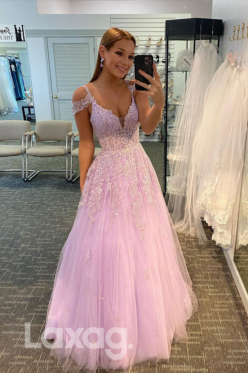12784 - A-line Plunging V-neck Tulle Appliques Senior Prom Dress |LAXAG
