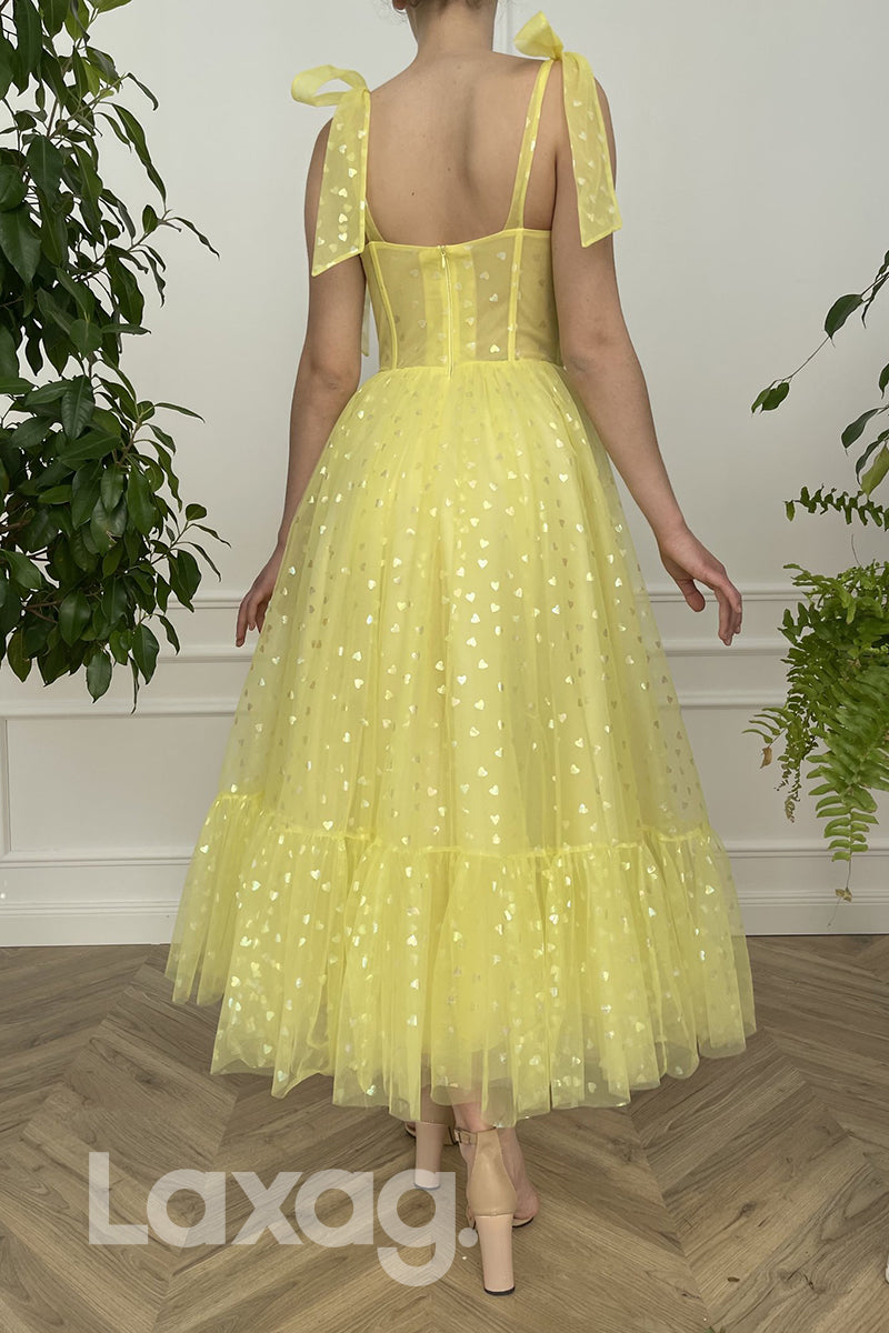 16785 - A-line Spaghetti Straps Yellow Tulle Prom Dress|LAXAG