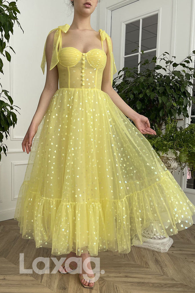 16785 - A-line Spaghetti Straps Yellow Tulle Prom Dress|LAXAG