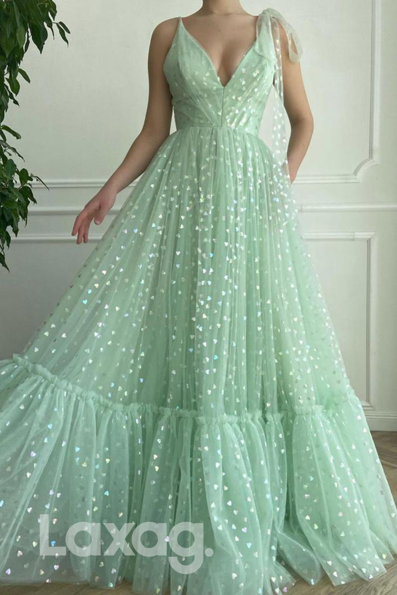 16788 - A-line V-neck Tulle Long Prom Dress|LAXAG