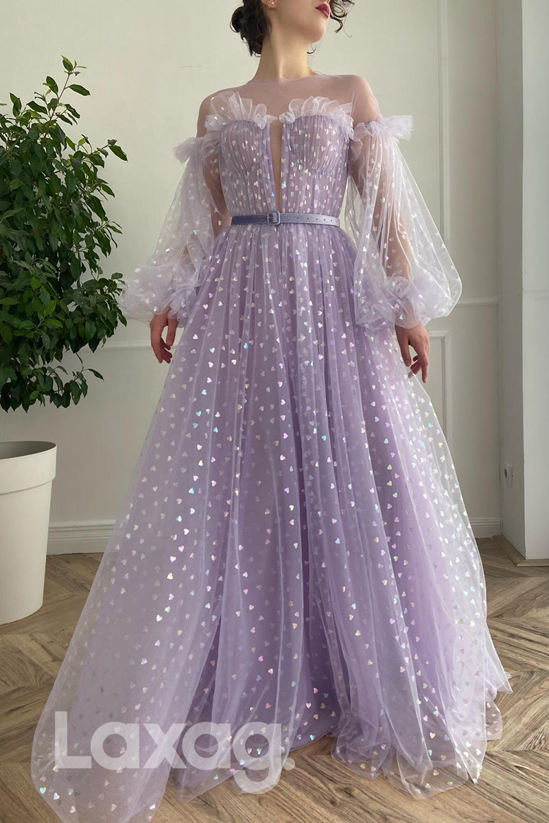 16796 - A-line Illusion Neckline Long Sleeves Long Prom Dress|LAXAG