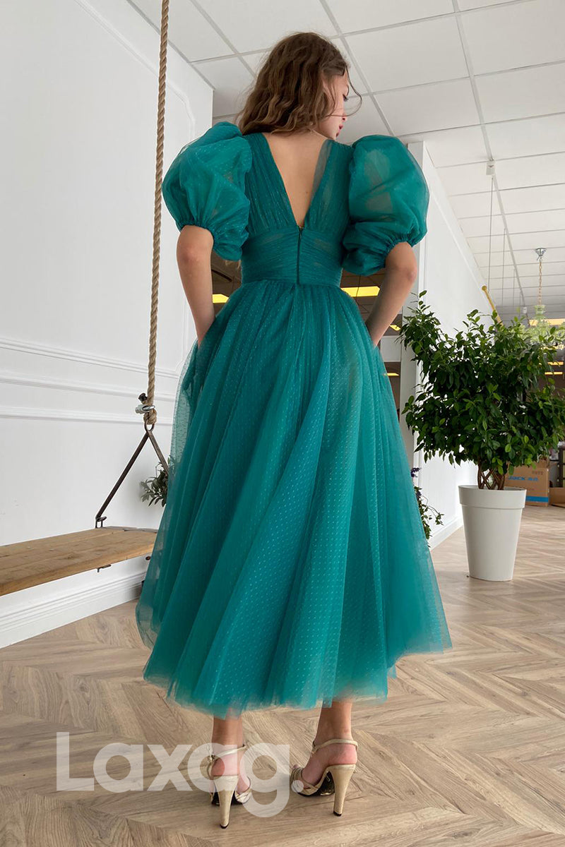 16798 - A-line V-neck Short Sleeves Prom Dress Tea Length|LAXAG