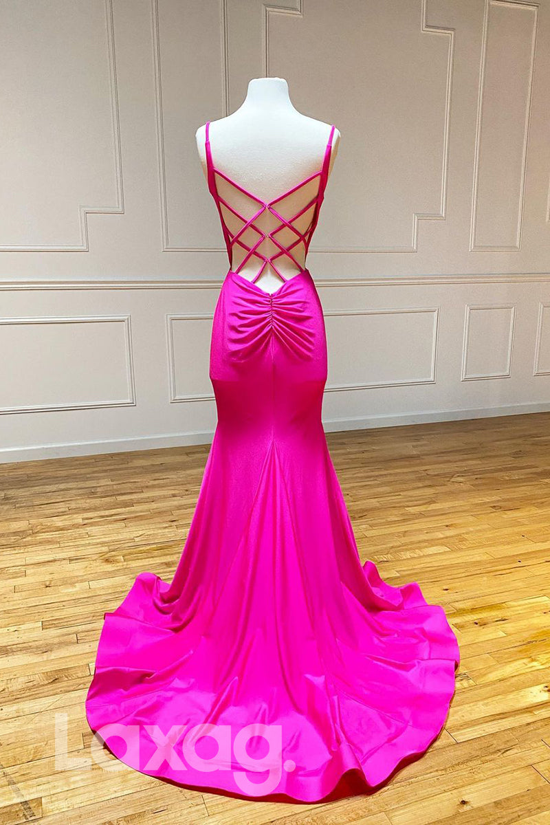 16799 - Plunging V-neck Pink Satin Mermaid Prom Dress|LAXAG