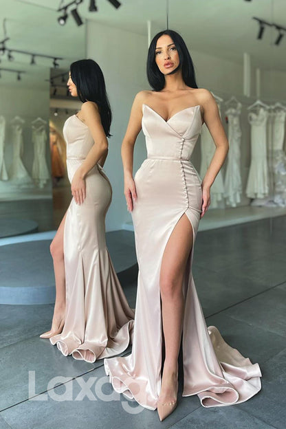 16819 - Sexy V-neck Elastic Satin Split Mermaid Prom Dress|LAXAG