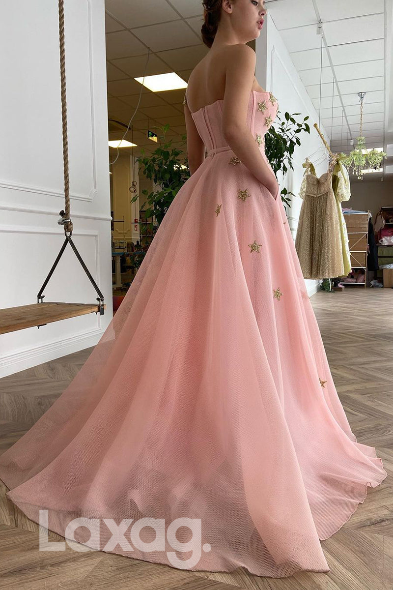 16846 - A-line Sweetheart Star Pink Long Prom Dress with Pockets|LAXAG