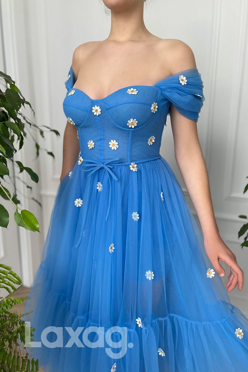 17728 - Unique Cap Sleeves Appliques Tulle Prom Dress with Pockets