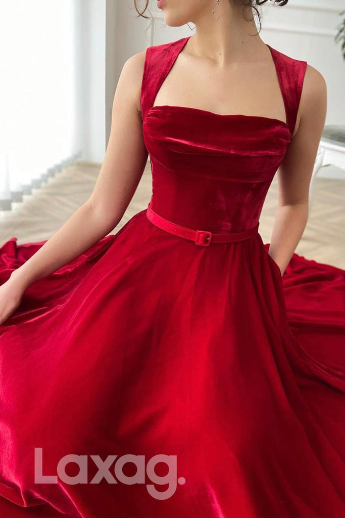 17731 - A-line Scoop Velvet Burgundy Prom Dress with Pockets|LAXAG