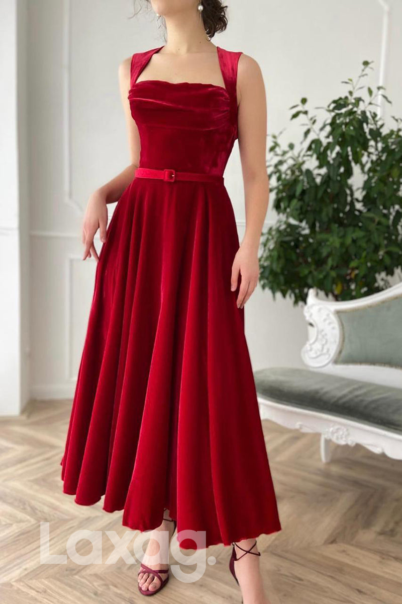 17731 - A-line Scoop Velvet Burgundy Prom Dress with Pockets|LAXAG