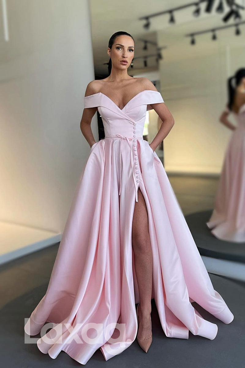 17735 - A-line Off-the-Shoulder Split Long Prom Dress with Pockets|LAXAG