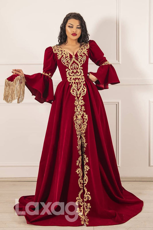 17741 - A-line V-neck Velvet Applique Long Sleeves Formal Evening Dress|LAXAG