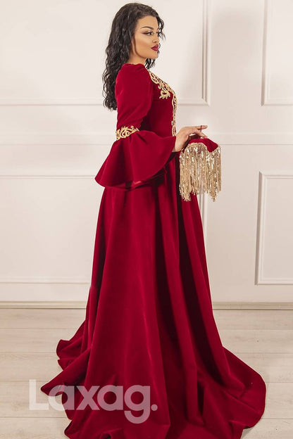 17741 - A-line V-neck Velvet Applique Long Sleeves Formal Evening Dress|LAXAG