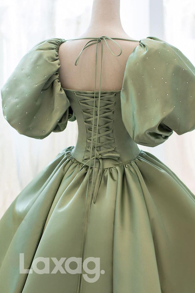 17760 - Scoop Short Sleeves Green Satin Long Prom Ball Gown|LAXAG