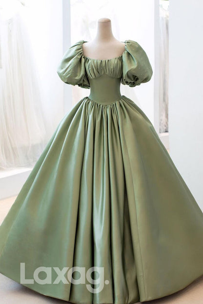 17760 - Scoop Short Sleeves Green Satin Long Prom Ball Gown|LAXAG