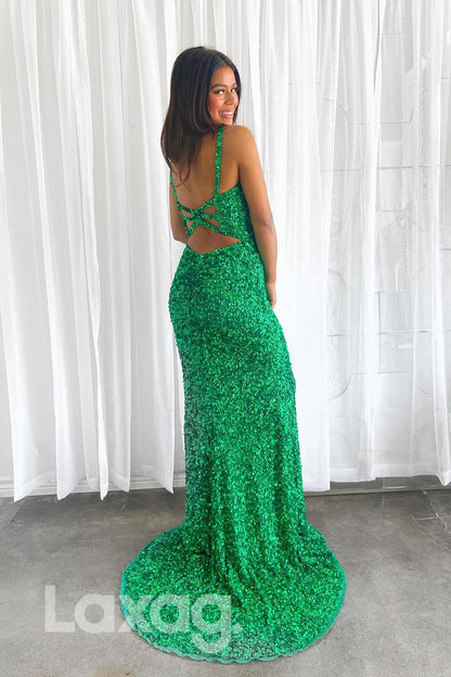 17764 - Sexy V-neck Green Sequins Sparkly Prom Dress|LAXAG