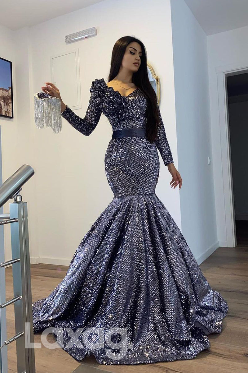 17765 - Sexy V-neck 3D Appliques Long Sleeves Mermaid Formal Evening Dress
